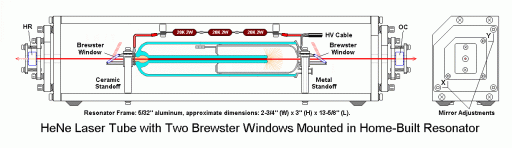 He-Ne Laser Tube with Two Brewster Windows Mounted in Home-Built Resonator